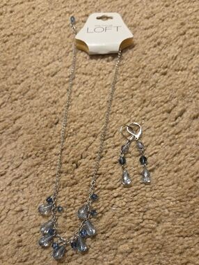 LOFT Silver Necklace and Drop Earrings with Blue and Gray Crystals